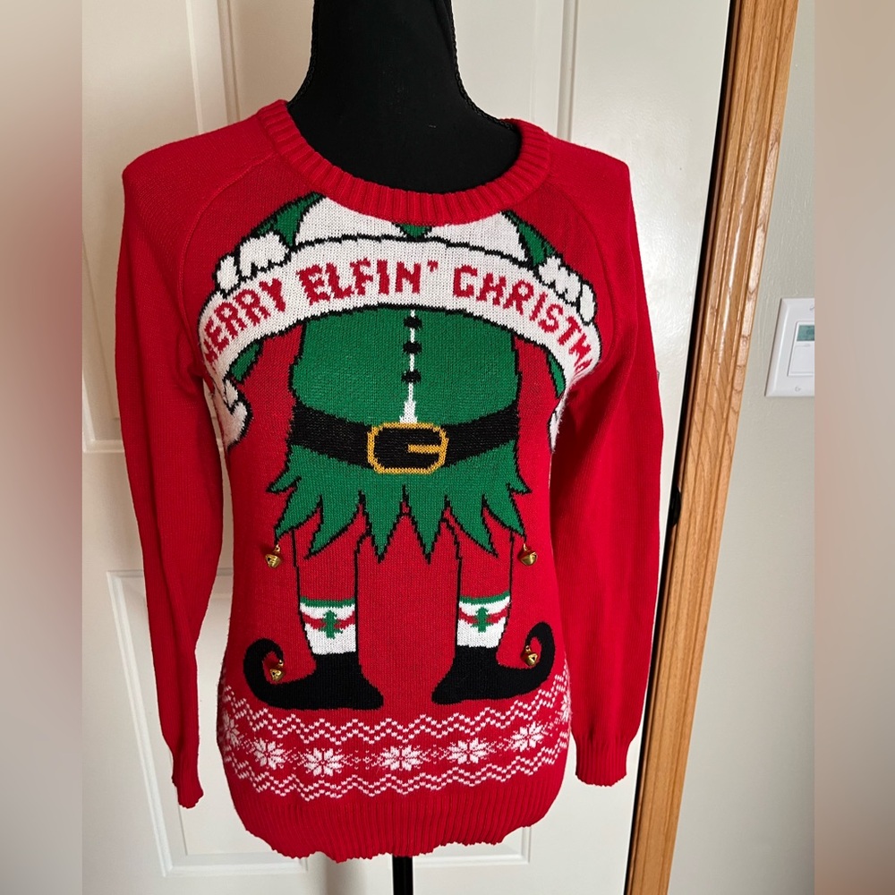 Women’s red Merry Elfin’ Christmas ugly Christmas holiday party sweater. Size XS